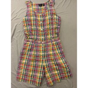 Vintage Liz Sport Plaid Cotton Button Up Romper Grandmacore Women's 12 Cottage